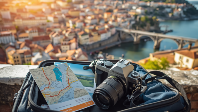 Walizka z aparatem fotograficznym, w tle panorama Porto